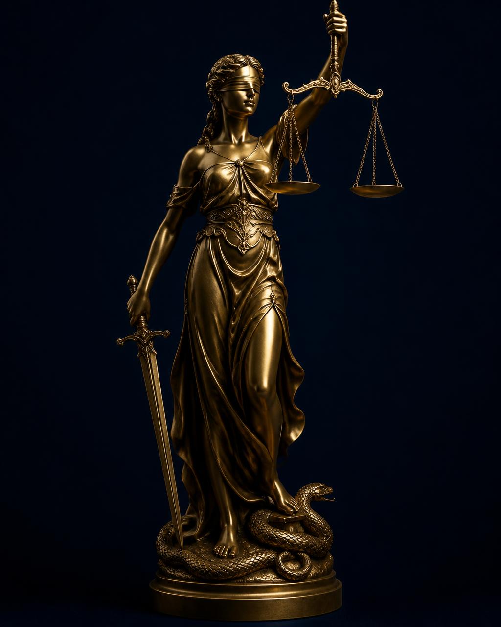 The Lady of Justice emblem: level scales, sword, blindfold, and serpent